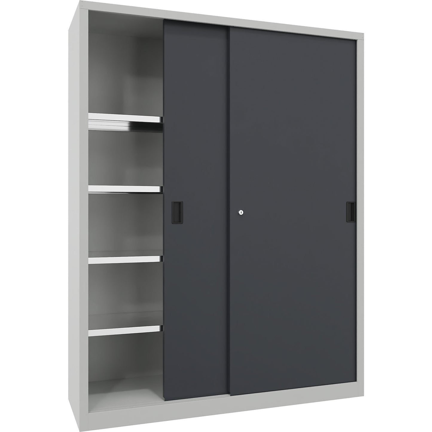 Heavy-duty sliding door cupboard, height 1950 mm, solid sheet metal doors, WxD 1500 x 500 mm, with divider and 2 x 4 shelves, anthracite door.