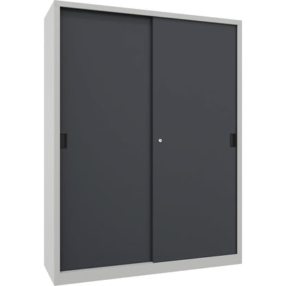 Heavy-duty sliding door cupboard, height 1950 mm, solid sheet metal doors, WxD 1500 x 500 mm, with divider and 2 x 4 shelves, anthracite door.