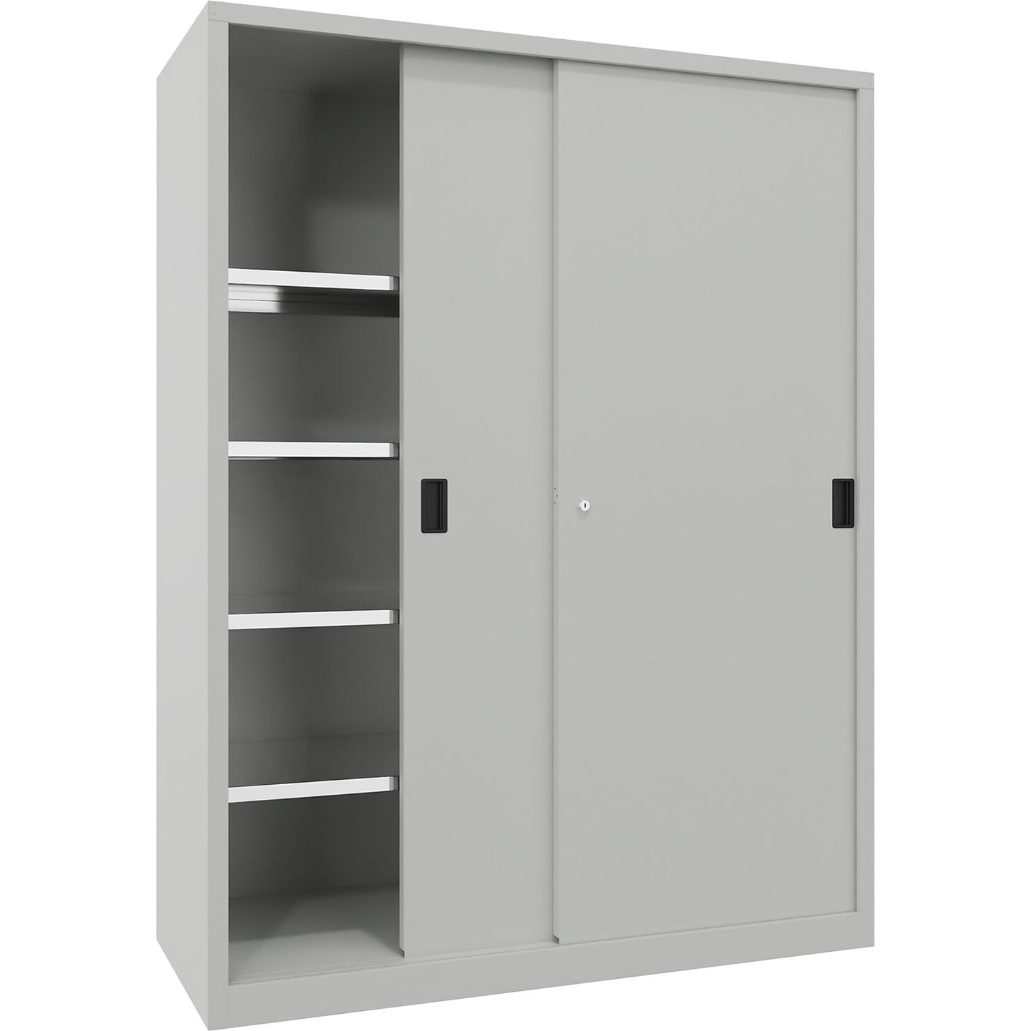 Heavy-duty sliding door cupboard, height 1950 mm, solid sheet metal doors, WxD 1500 x 600 mm, with divider and 2 x 4 shelves, door light grey.