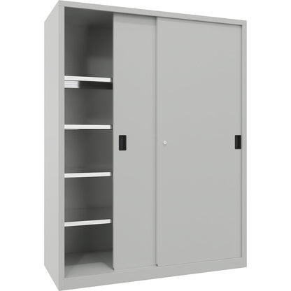 Heavy-duty sliding door cupboard, height 1950 mm, solid sheet metal doors, WxD 1500 x 600 mm, with divider and 2 x 4 shelves, door light grey.