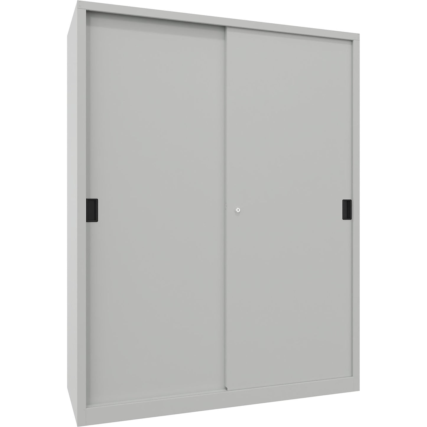 Heavy-duty sliding door cupboard, height 1950 mm, solid sheet metal doors, WxD 1500 x 600 mm, with divider and 2 x 4 shelves, door light grey.