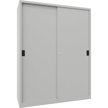 Heavy-duty sliding door cupboard, height 1950 mm, solid sheet metal doors, WxD 1500 x 600 mm, with divider and 2 x 4 shelves, door light grey.