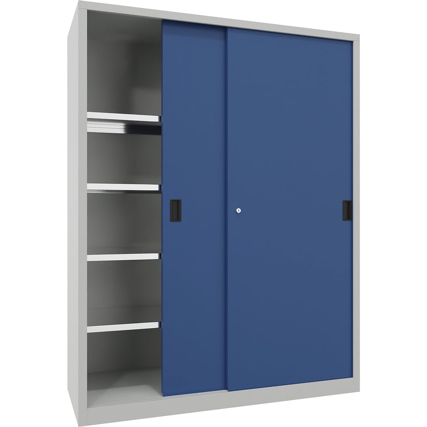 Heavy-duty sliding door cupboard, height 1950 mm, solid sheet metal doors, WxD 1500 x 600 mm, with divider and 2 x 4 shelves, door gentian blue.