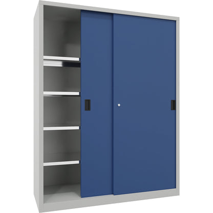 Heavy-duty sliding door cupboard, height 1950 mm, solid sheet metal doors, WxD 1500 x 600 mm, with divider and 2 x 4 shelves, door gentian blue.