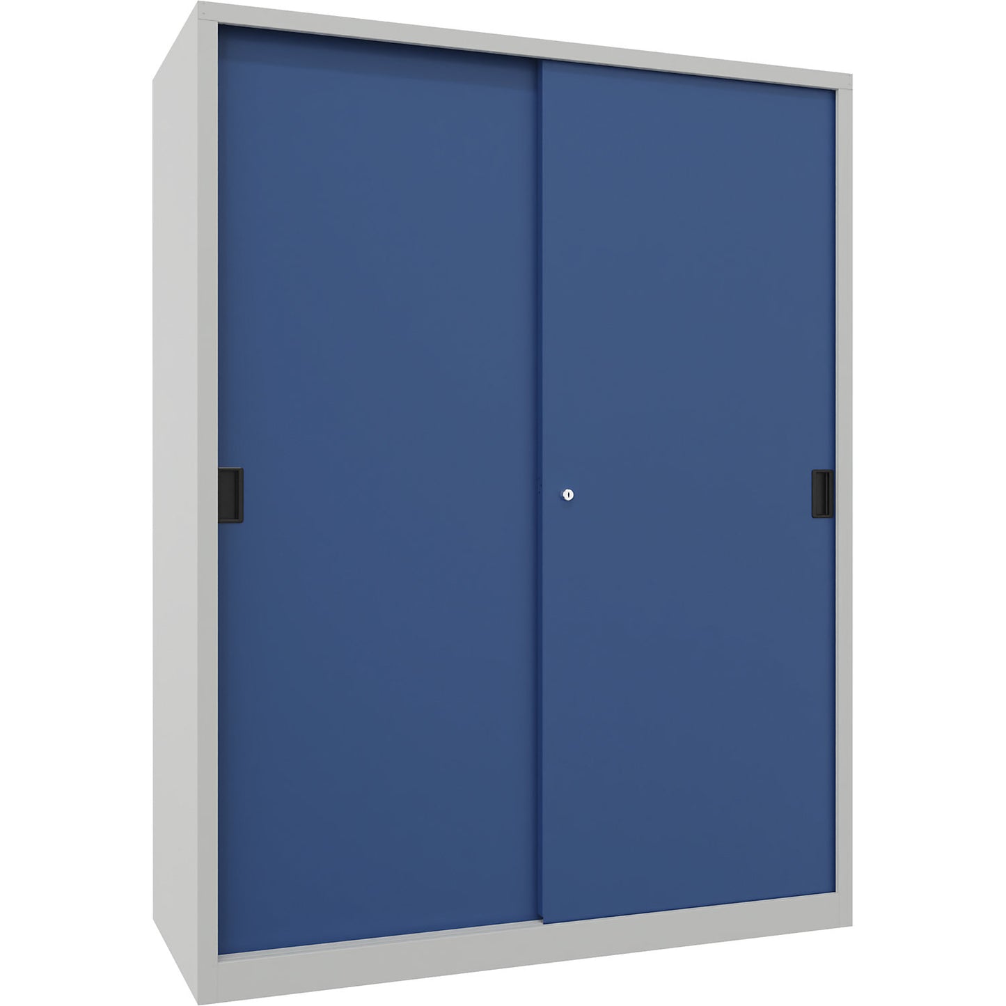 Heavy-duty sliding door cupboard, height 1950 mm, solid sheet metal doors, WxD 1500 x 600 mm, with divider and 2 x 4 shelves, door gentian blue.