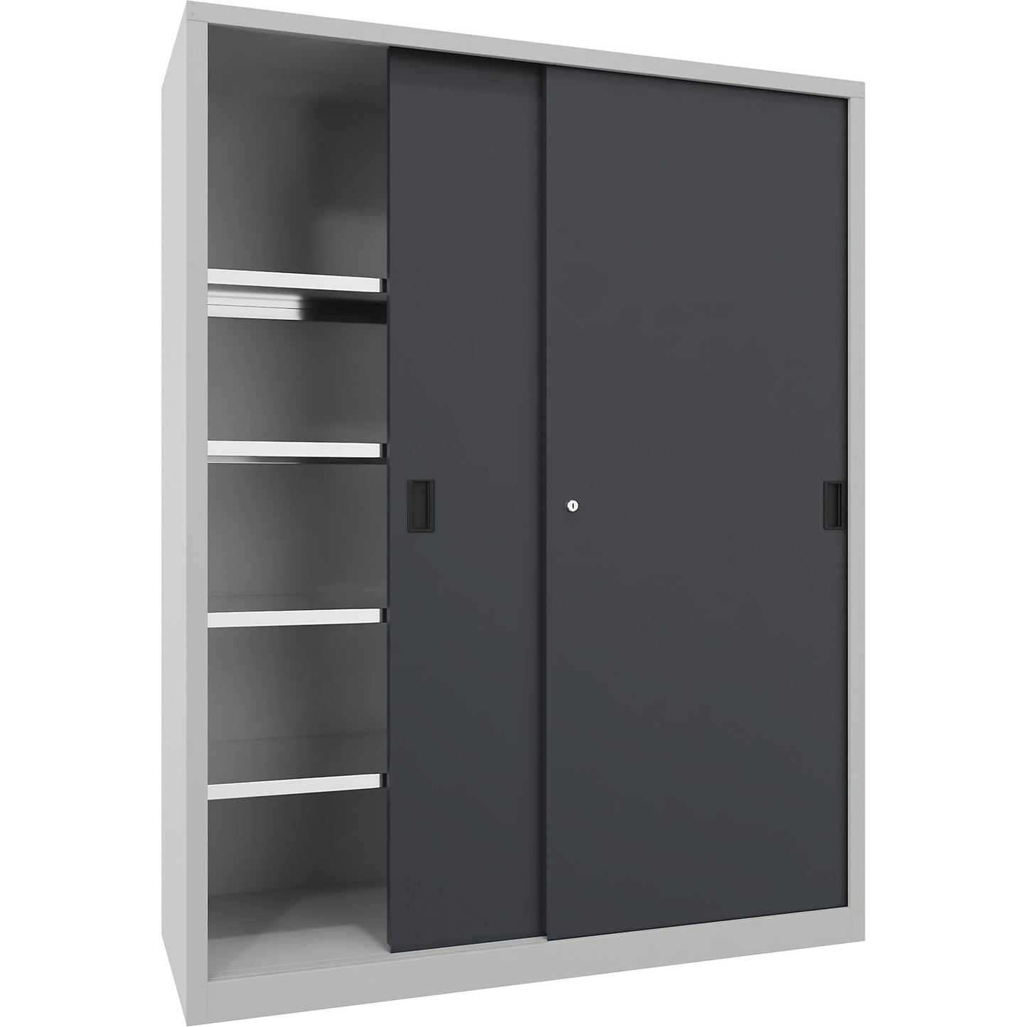 Heavy-duty sliding door cupboard, height 1950 mm, solid sheet metal doors, WxD 1500 x 600 mm, with divider and 2 x 4 shelves, anthracite door.