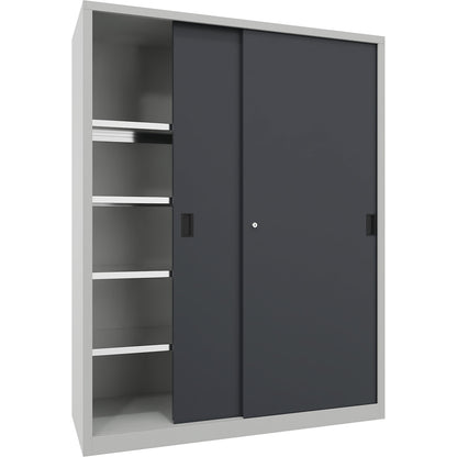 Heavy-duty sliding door cupboard, height 1950 mm, solid sheet metal doors, WxD 1500 x 600 mm, with divider and 2 x 4 shelves, anthracite door.