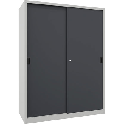 Heavy-duty sliding door cupboard, height 1950 mm, solid sheet metal doors, WxD 1500 x 600 mm, with divider and 2 x 4 shelves, anthracite door.