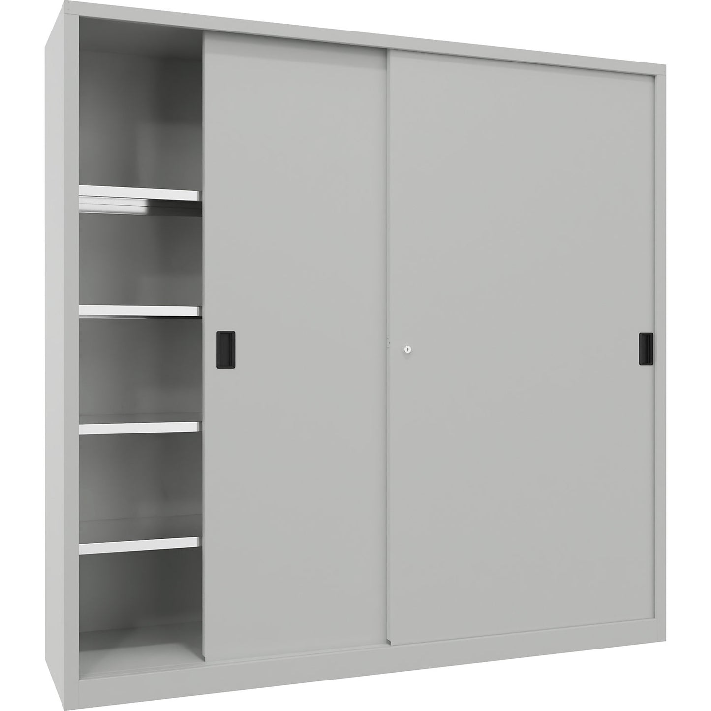 Heavy-duty sliding door cupboard, height 1950 mm, solid sheet metal doors, WxD 2000 x 500 mm, with divider and 2 x 4 shelves, door light grey.