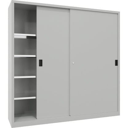 Heavy-duty sliding door cupboard, height 1950 mm, solid sheet metal doors, WxD 2000 x 500 mm, with divider and 2 x 4 shelves, door light grey.