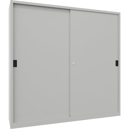 Heavy-duty sliding door cupboard, height 1950 mm, solid sheet metal doors, WxD 2000 x 500 mm, with divider and 2 x 4 shelves, door light grey.