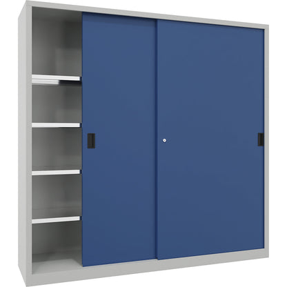 Heavy-duty sliding door cupboard, height 1950 mm, solid sheet metal doors, WxD 2000 x 500 mm, with divider and 2 x 4 shelves, door gentian blue.