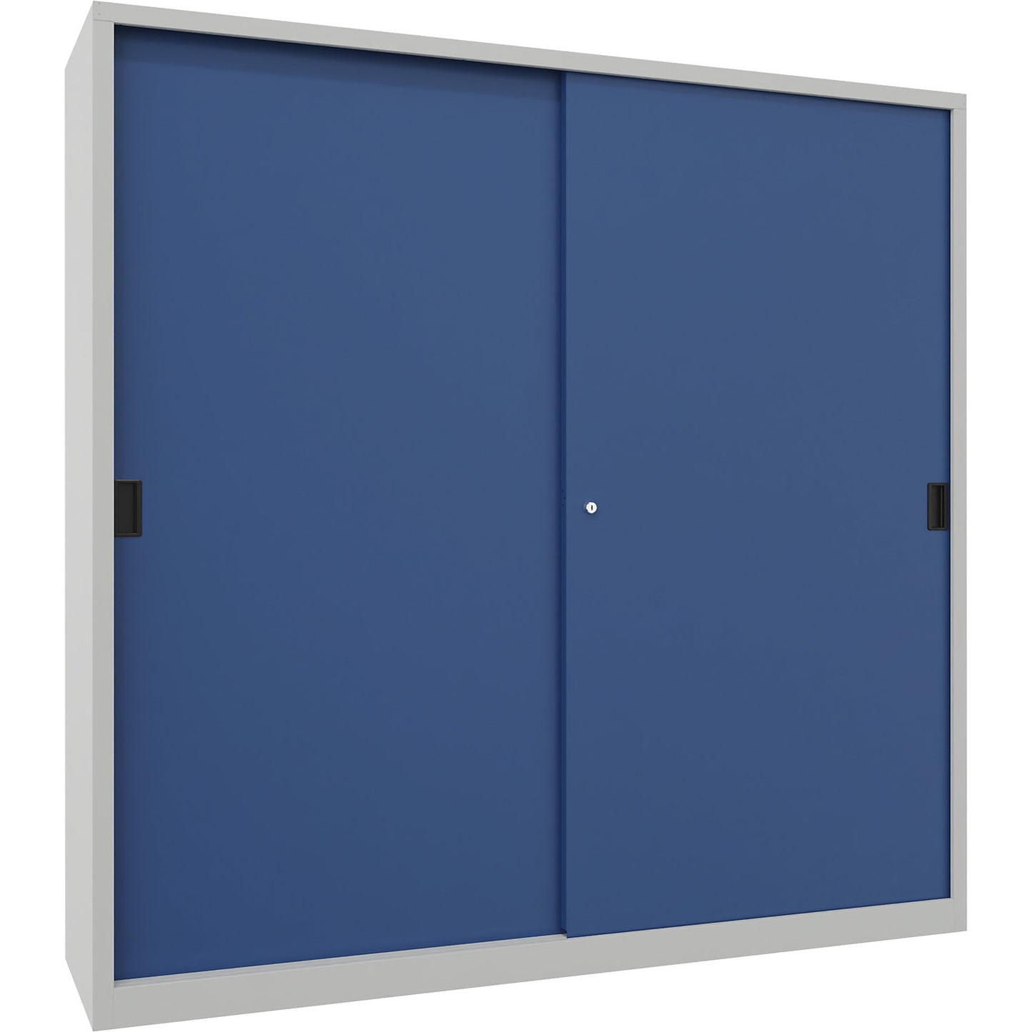 Heavy-duty sliding door cupboard, height 1950 mm, solid sheet metal doors, WxD 2000 x 500 mm, with divider and 2 x 4 shelves, door gentian blue.