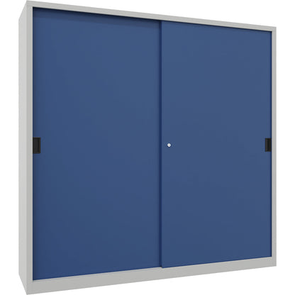 Heavy-duty sliding door cupboard, height 1950 mm, solid sheet metal doors, WxD 2000 x 500 mm, with divider and 2 x 4 shelves, door gentian blue.
