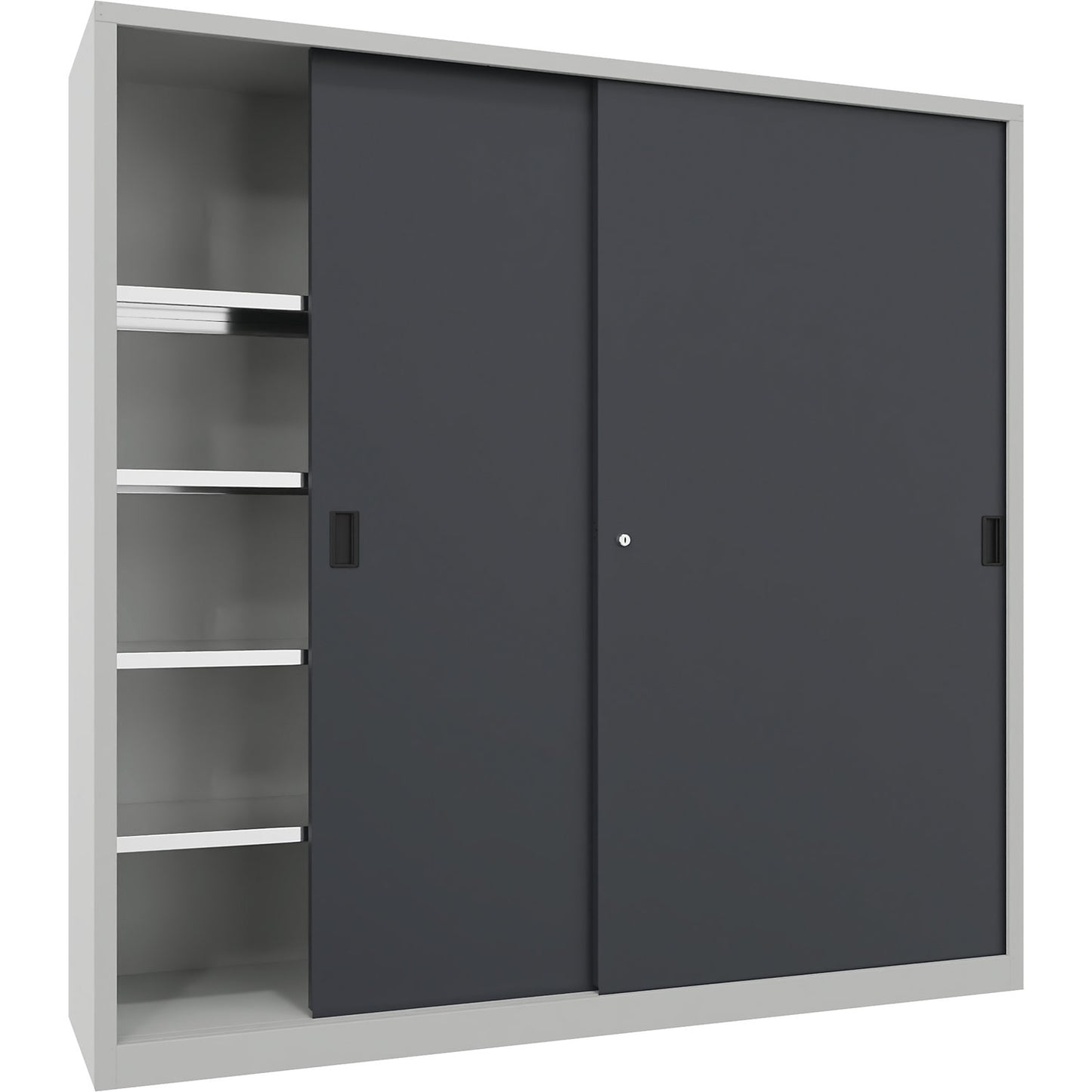 Heavy-duty sliding door cupboard, height 1950 mm, solid sheet metal doors, WxD 2000 x 500 mm, with divider and 2 x 4 shelves, anthracite door.
