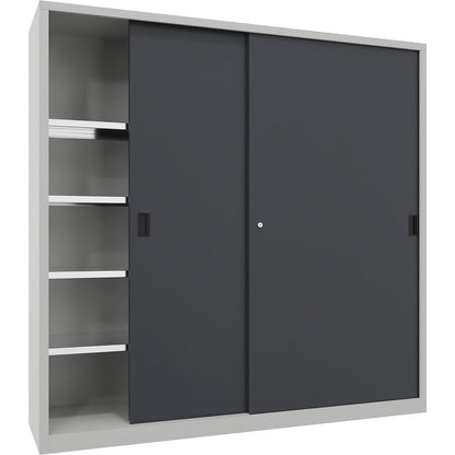 Heavy-duty sliding door cupboard, height 1950 mm, solid sheet metal doors, WxD 2000 x 500 mm, with divider and 2 x 4 shelves, anthracite door.