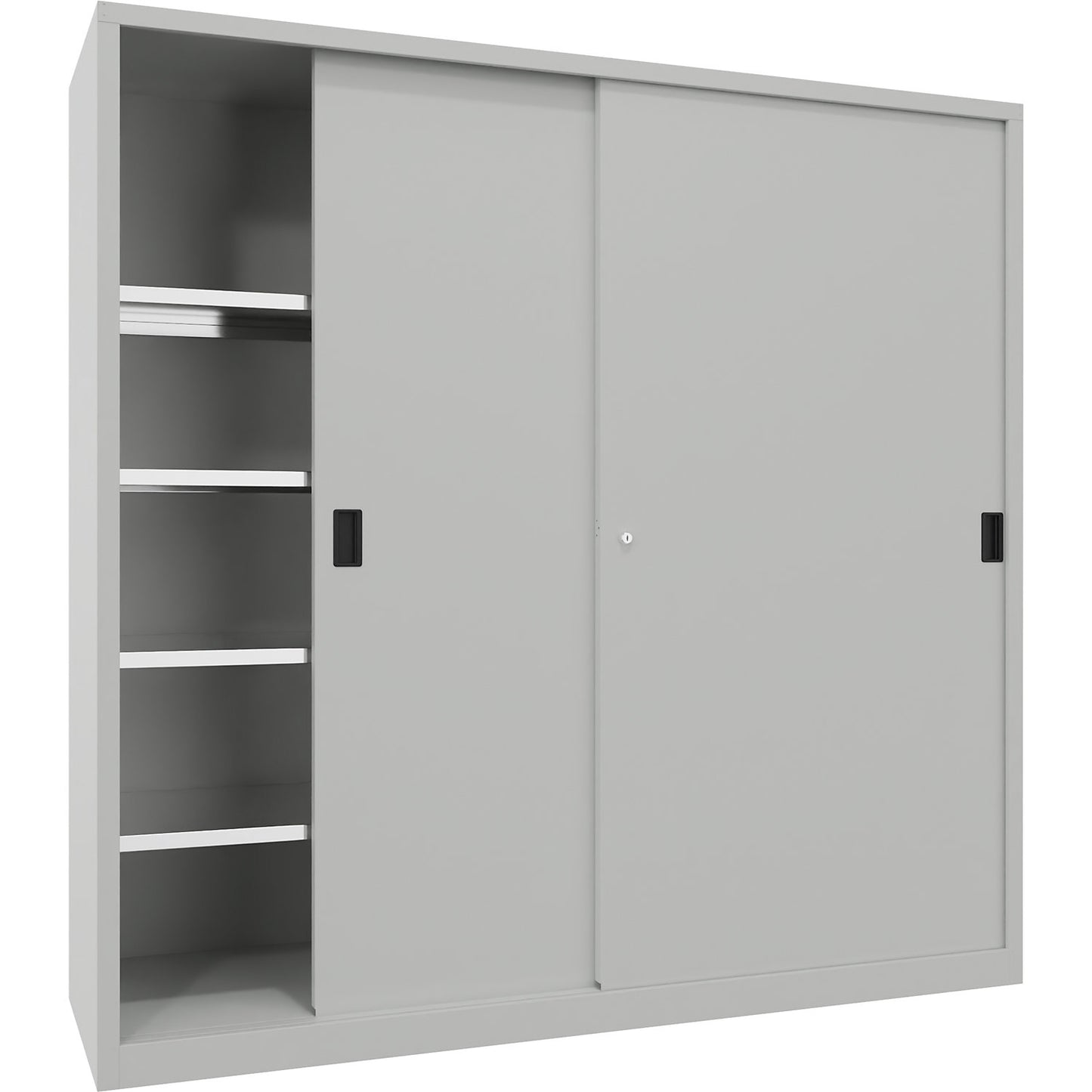 Heavy-duty sliding door cupboard, height 1950 mm, solid sheet metal doors, WxD 2000 x 600 mm, with divider and 2 x 4 shelves, door light grey.