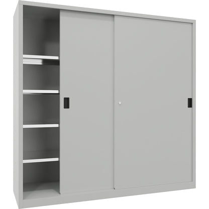 Heavy-duty sliding door cupboard, height 1950 mm, solid sheet metal doors, WxD 2000 x 600 mm, with divider and 2 x 4 shelves, door light grey.
