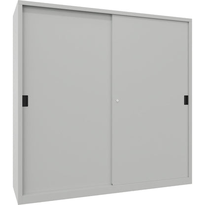 Heavy-duty sliding door cupboard, height 1950 mm, solid sheet metal doors, WxD 2000 x 600 mm, with divider and 2 x 4 shelves, door light grey.