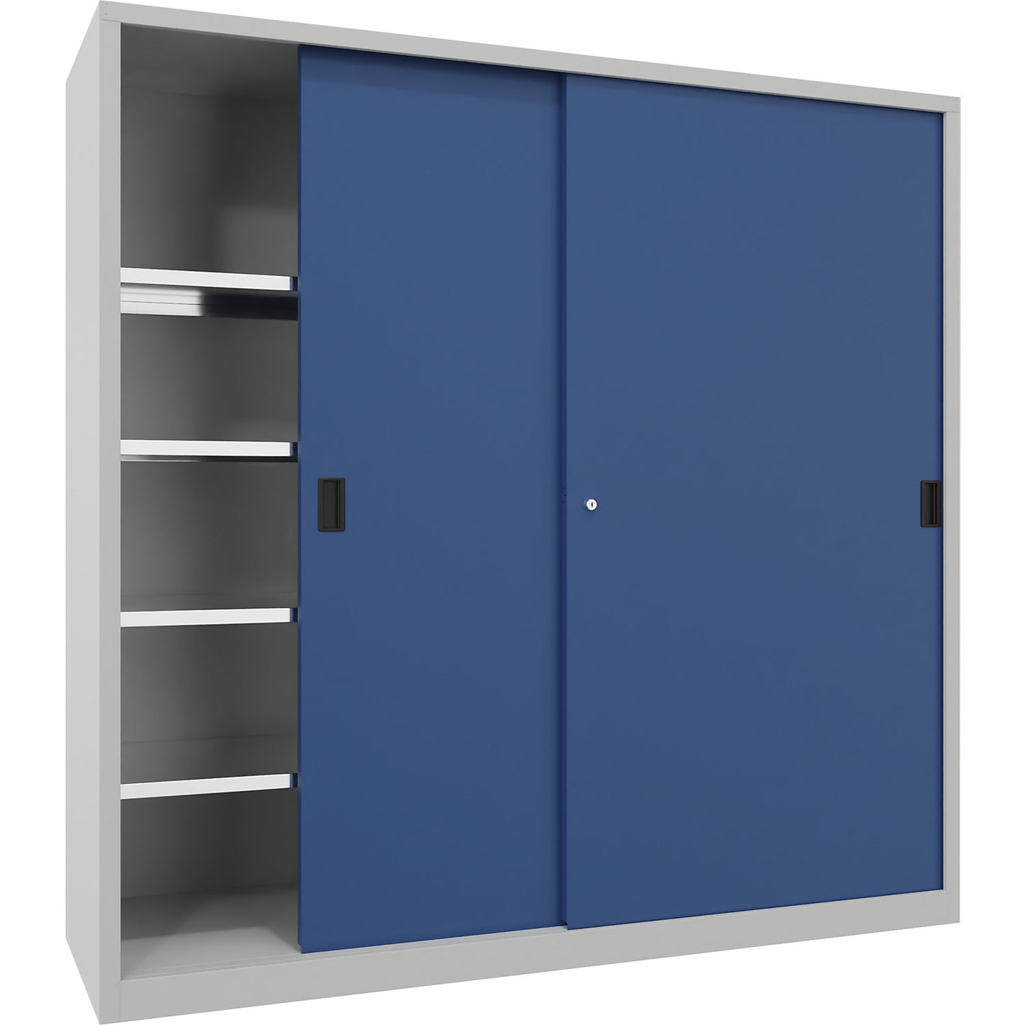 Heavy-duty sliding door cupboard, height 1950 mm, solid sheet metal doors, WxD 2000 x 600 mm, with divider and 2 x 4 shelves, door gentian blue.