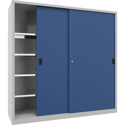 Heavy-duty sliding door cupboard, height 1950 mm, solid sheet metal doors, WxD 2000 x 600 mm, with divider and 2 x 4 shelves, door gentian blue.