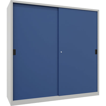 Heavy-duty sliding door cupboard, height 1950 mm, solid sheet metal doors, WxD 2000 x 600 mm, with divider and 2 x 4 shelves, door gentian blue.