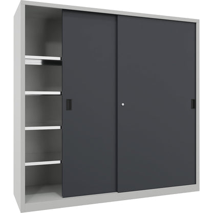 Heavy-duty sliding door cupboard, height 1950 mm, solid sheet metal doors, WxD 2000 x 600 mm, with divider and 2 x 4 shelves, anthracite door.