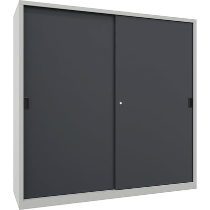 Heavy-duty sliding door cupboard, height 1950 mm, solid sheet metal doors, WxD 2000 x 600 mm, with divider and 2 x 4 shelves, anthracite door.
