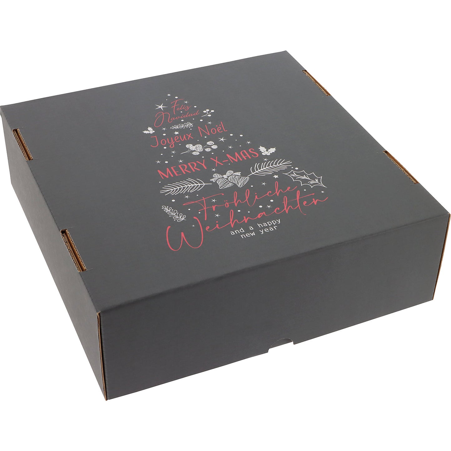 International Christmas Tree pattern cardboard box with push-on lid, pack of 25, internal dimensions 300 x 300 x 100 mm, charcoal.
