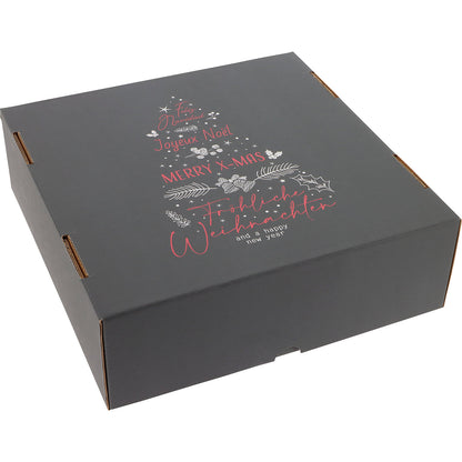 International Christmas Tree pattern cardboard box with push-on lid, pack of 25, internal dimensions 300 x 300 x 100 mm, charcoal.
