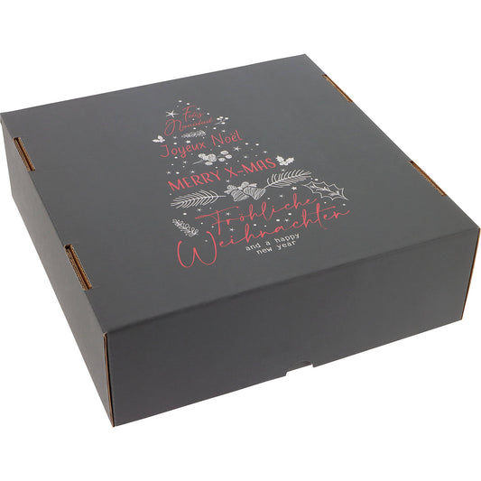 International Christmas Tree pattern cardboard box with push-on lid, pack of 25, internal dimensions 300 x 300 x 100 mm, charcoal.