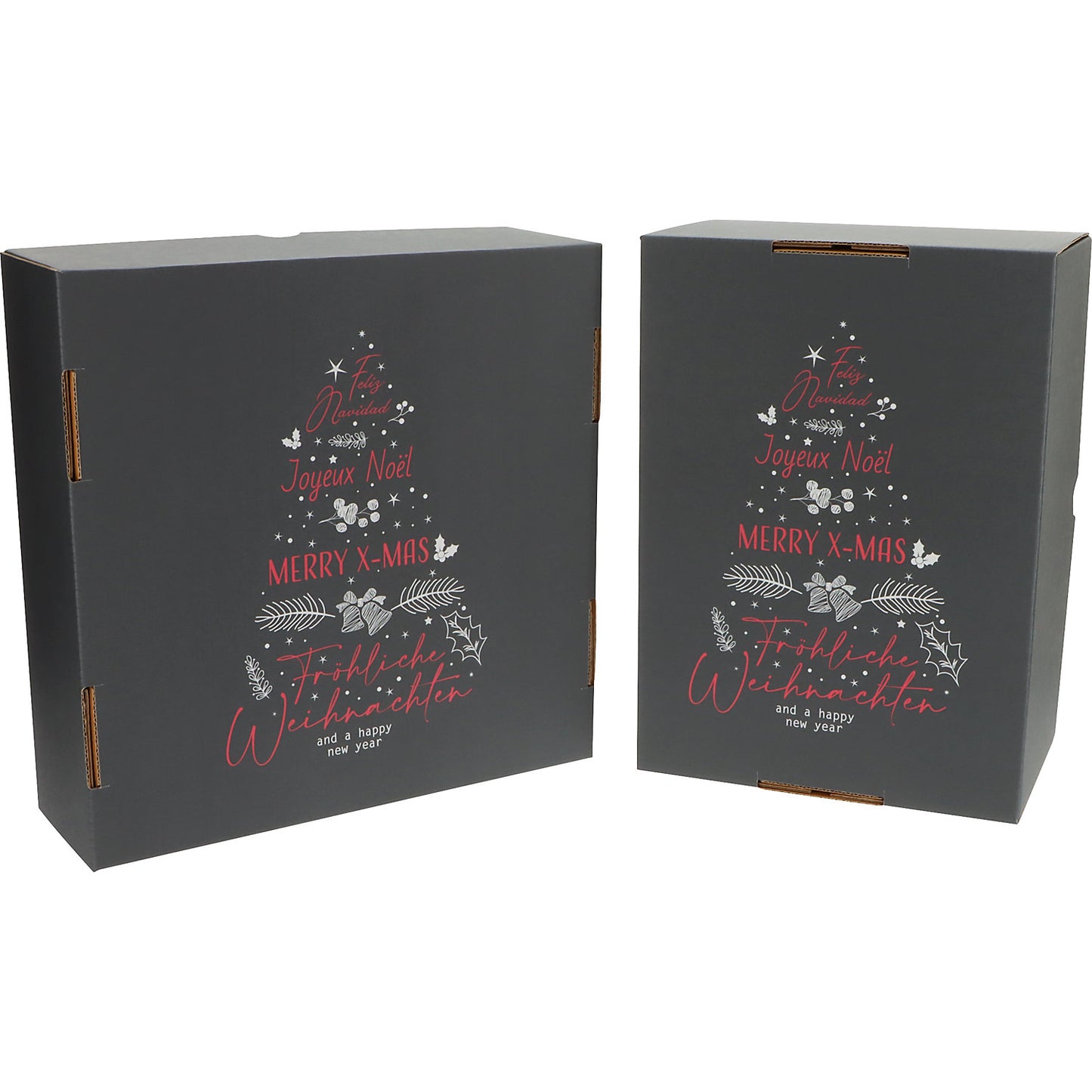 International Christmas Tree pattern cardboard box with push-on lid, pack of 25, internal dimensions 300 x 300 x 100 mm, charcoal.