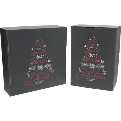 International Christmas Tree pattern cardboard box with push-on lid, pack of 25, internal dimensions 305 x 215 x 150 mm, charcoal.