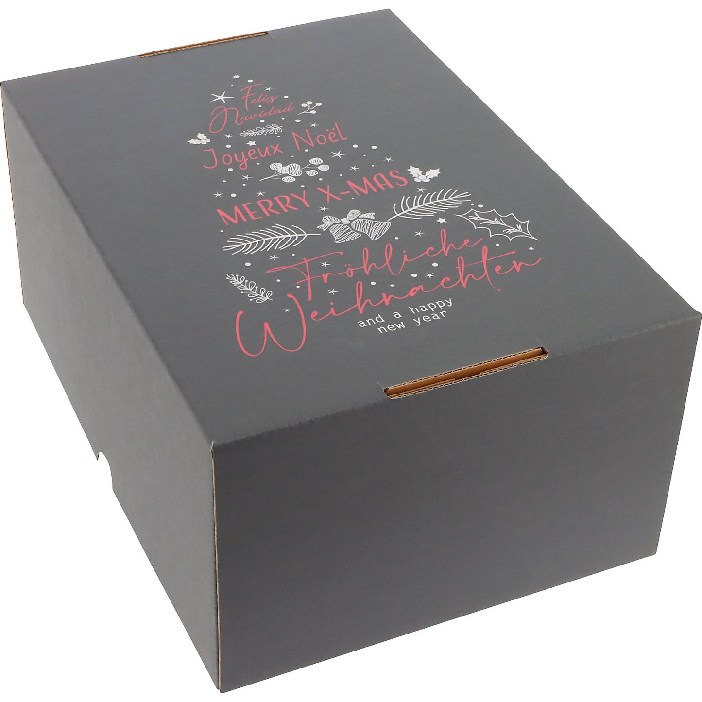 International Christmas Tree pattern cardboard box with push-on lid, pack of 25, internal dimensions 305 x 215 x 150 mm, charcoal.