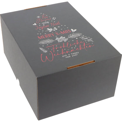 International Christmas Tree pattern cardboard box with push-on lid, pack of 25, internal dimensions 305 x 215 x 150 mm, charcoal.