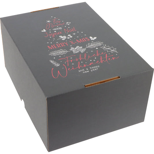 International Christmas Tree pattern cardboard box with push-on lid, pack of 25, internal dimensions 305 x 215 x 150 mm, charcoal.