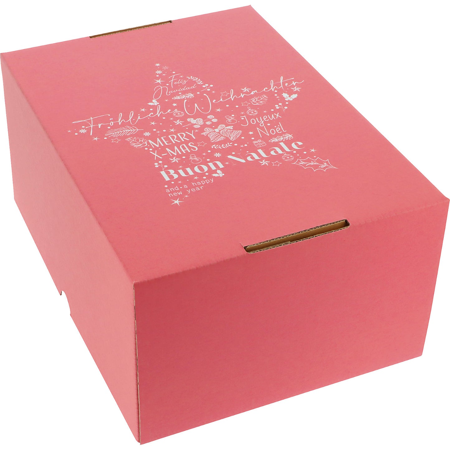 International Christmas Star pattern cardboard box with push-on lid, pack of 25, internal dimensions 305 x 215 x 150 mm, red.