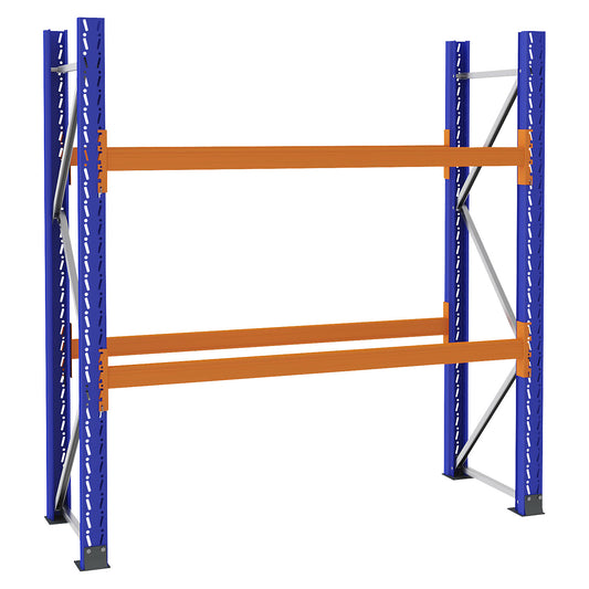 Pallet racking made of steel, blue/orange, HxWxD 2100 x 2025 x 750 mm, standard shelf unit.
