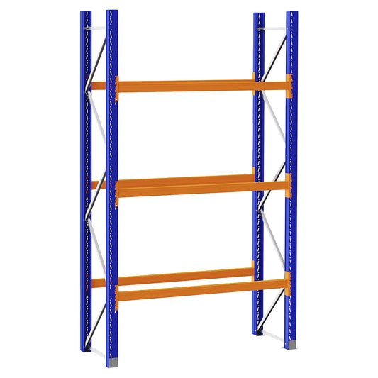 Pallet racking made of steel, blue/orange, HxWxD 3360 x 2025 x 750 mm, standard shelf unit.