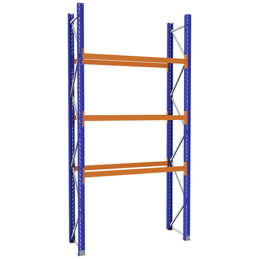 Pallet racking made of steel, blue/orange, HxWxD 3990 x 2025 x 750 mm, standard shelf unit.