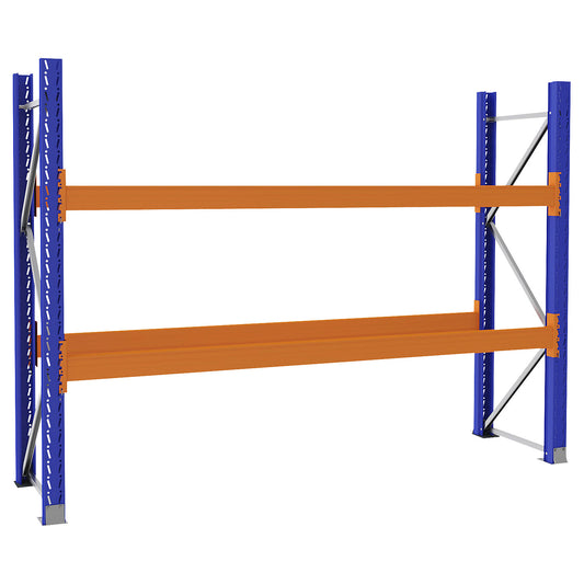 Pallet racking made of steel, blue/orange, HxWxD 2100 x 2900 x 750 mm, standard shelf unit.
