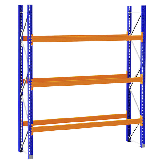 Pallet racking made of steel, blue/orange, HxWxD 3360 x 2900 x 750 mm, standard shelf unit.