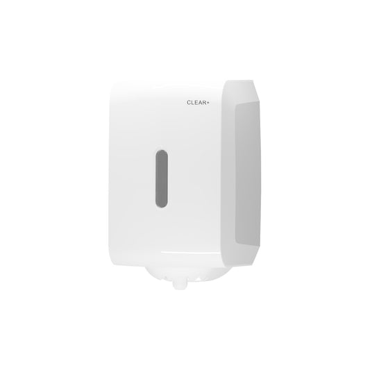 Hand towel and wiping cloth dispenser, centrefeed Clear+, center-pull dispensing, HxWxD 473 x 391 x 669 mm.