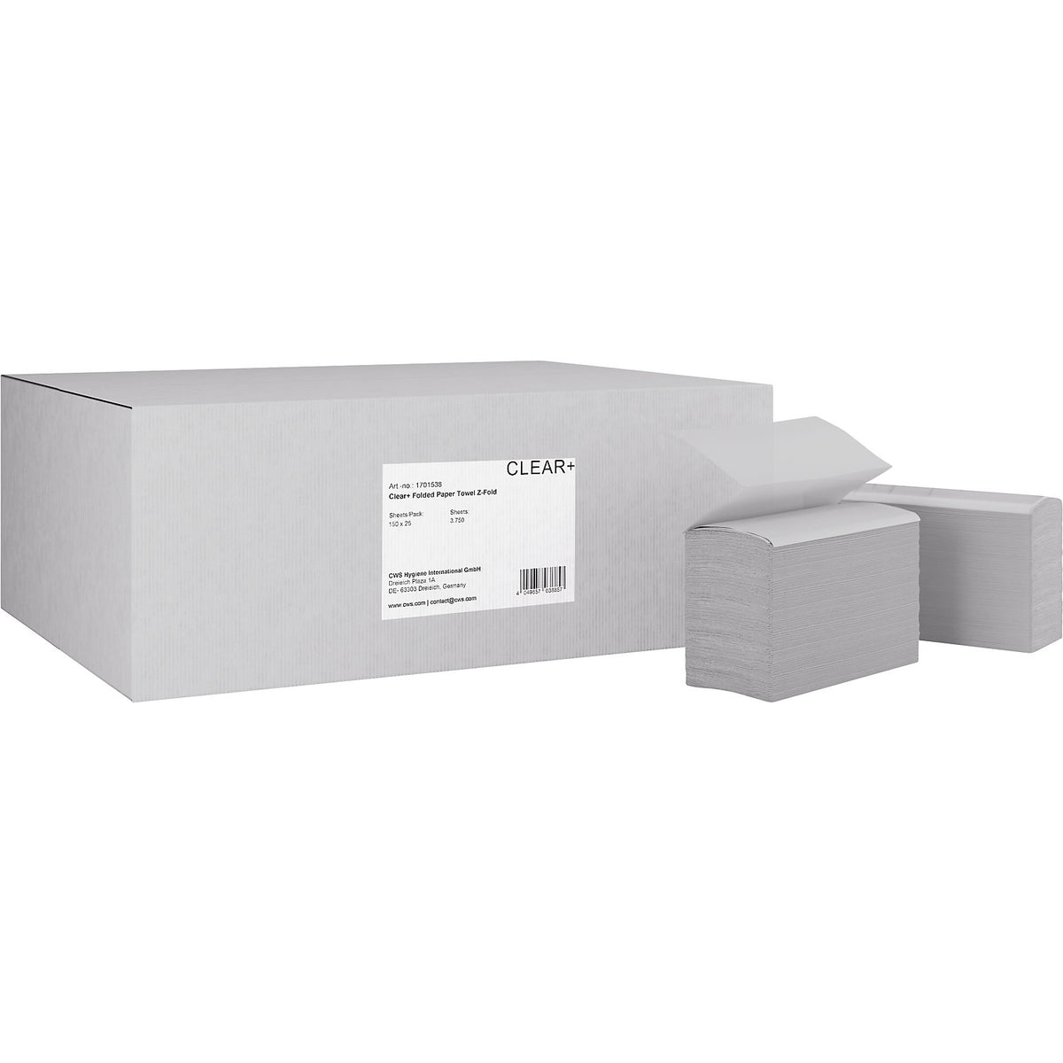 Paper hand towels in Z-fold, Clear+, 2-ply, white, pack of 25 x 150 sheets.