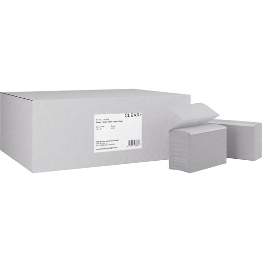 Paper hand towels in Z-fold, Clear+, 2-ply, white, pack of 25 x 150 sheets.