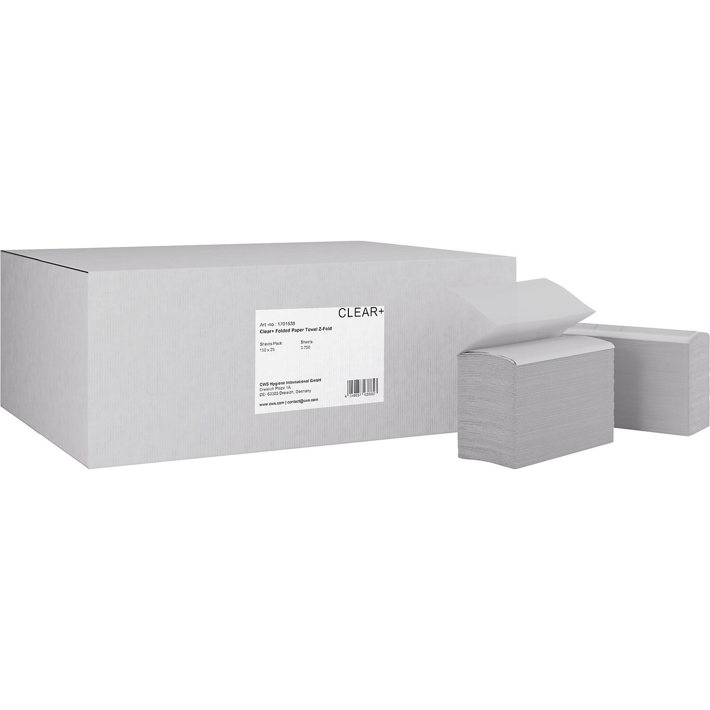 Paper hand towels in Z-fold, Clear+, 2-ply, white, pack of 25 x 150 sheets.