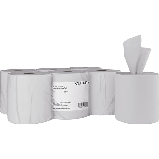 Paper towel rolls, centrefeed, 2-ply, 160 m, pack of 6 rolls, LxW 190 x 190 mm, white.