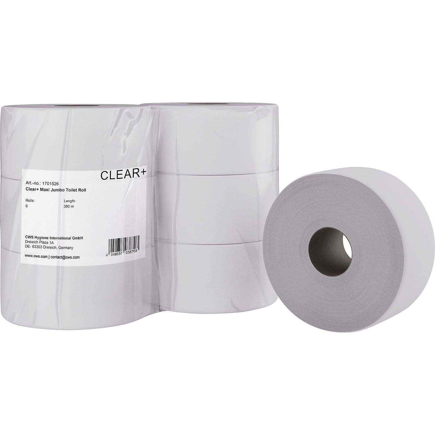 Clear+ toilet paper, 2-ply, pack of 6, 380 m per roll.