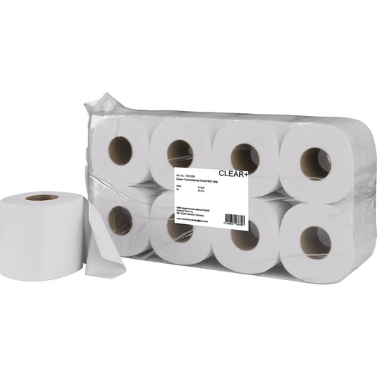 Standard Clear+ toilet paper, pack of 64 rolls, 3-ply.