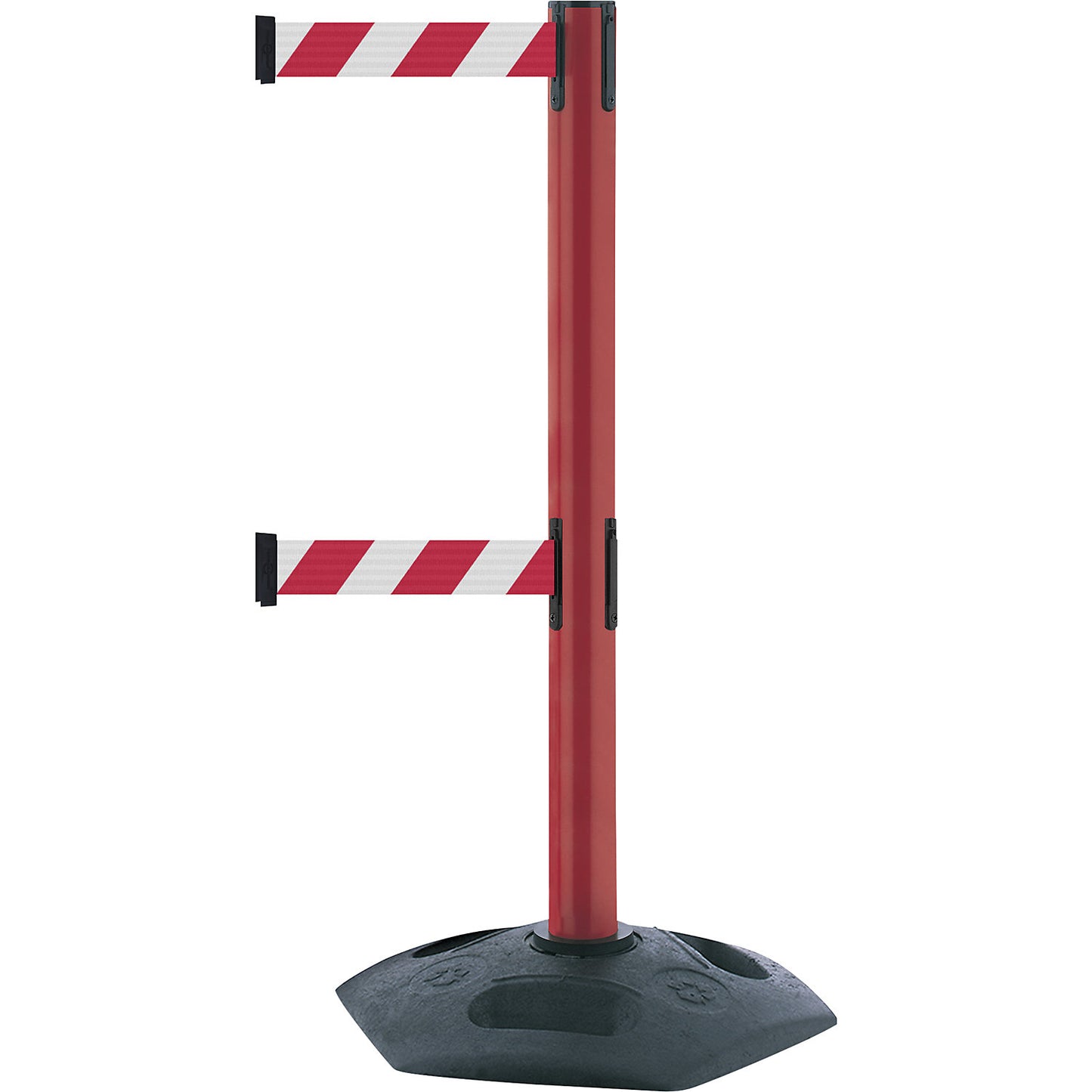 Heavy duty Dualline belt barrier post, belt extension 3650 mm, pack of 2, post red, belt red/white.